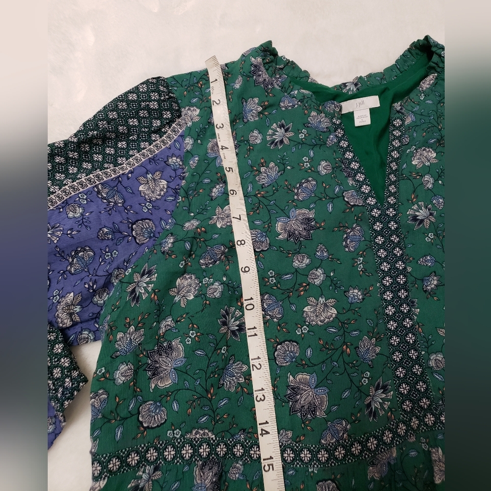 J. Jill women's Sz L  V-neck Midi Dress Green & Blue Floral Boho - Picture 7 of 9